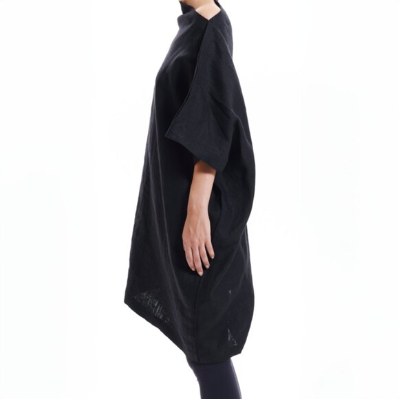 Asymmetrical Black Linen Tunic Dress - Picture 3 of 5